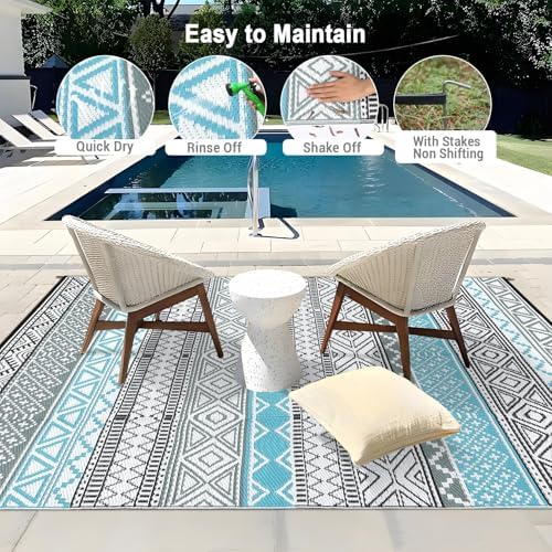 GAOMON Reversible Outdoor Rug 9'x18' Waterproof Plastic Straw Rug, Patio Rug, Large Modern Area Rug Carpet, Indoor Outdoor Rugs for Camping, Porch, Deck, Balcony, Backyard, Blue/Grey(Bohemia) - Image 3