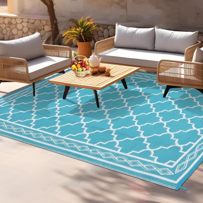 GAOMON Outdoor Rug Waterproof 8'x10', Reversible Outdoor Plastic Straw Rug, Boho Patio Rug, Indoor Outdoor Carpet, RV Mat Outside for Patio, Camp, Picnic, Balcony, Deck, Teal/White(Geometric) - Image 2