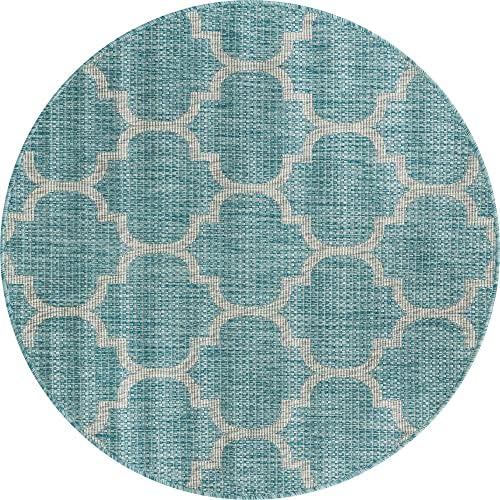 Unique Loom Outdoor Trellis Collection Area Rug - Trellis (Round 4' 0" x 4' 0", Aquamarine/ Gray) - Image 3