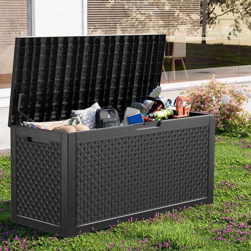 Outdoor Waterproof Resin Storage Deck Box Lockable Outside Bench UV Resistant Bin Patio Porch Furniture Pool Float Garden Tool Cushion (Black, 110 Gallon) - Image 4