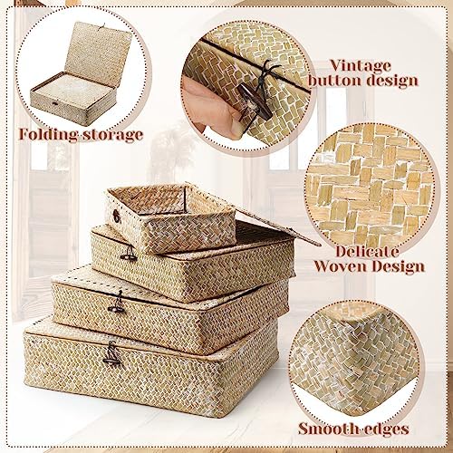 Didaey Set of 4 Seagrass Basket with Lid Wicker Storage Basket Decorative Storage Boxes with Lids Flat Storage Bins Woven Organizer Baskets for Shelf Closet Bedroom, 4 Sizes (White) - Image 3