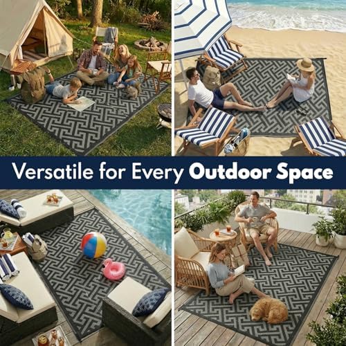 Waterproof Outdoor Rug 8x10 ft, Reversible Plastic Straw Rug, Easy to Clean Patio Rug, Portable Carpet for Patio, RV, Deck, Balcony, Backyard, Picnic, Beach, I-Shaped, Black - Image 5