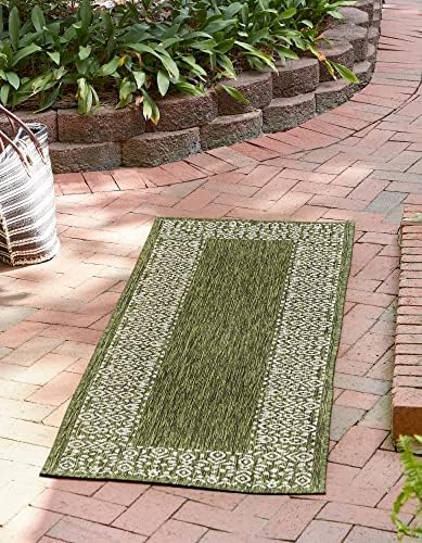 Unique Loom Outdoor Border Collection Area Rug - Floral Border (2' x 8' Runner, Green/ Ivory) by UniqueLoom