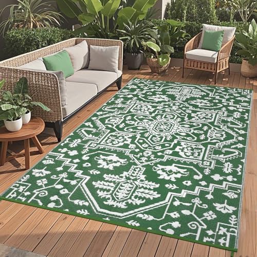 GAOMON 9x12 Waterproof Outdoor Large Rug Reversible Plastic Straw Rug for Patio Camping Indoor Outdoor RV Carpet Mat Stain Outside Large Carpet for Deck Camper Balcony Open-Air, Green White by GAOMON