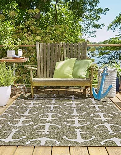 Unique Loom Outdoor Coastal Collection Area Rug - Ahoy (6' 1" x 9' Rectangle, Green/ Ivory) - Image 4