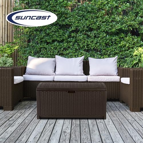 Suncast Outdoor Storage Box - 73 Gallon Mocha Brown Deck Box for Patio, weather-resistant Outdoor Storage Bench, Resin Wicker Style, Heavy-Duty, Lockable Lid for Cushions, Shoes, Pool & Garden Gear - Image 4