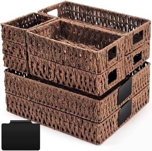 Marsui 9 Pcs Paper Rope Storage Baskets with Handle Labels Handwoven Multi-size Brown Storage Bins for Organizing Small Baskets Container for Shelves Closet Pantry Toilet by Marsui