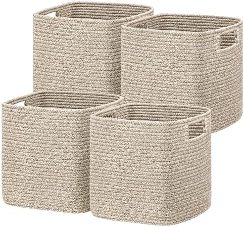 UBBCARE Set of 4 Storage Basket-12 X 12 X 12 in, Cotton Rope Basket for Shelves, Toys, Book, Cube Storage Bins with Handles, Woven Storage Baskets for Organizing, Mix-Brown by UBBCARE