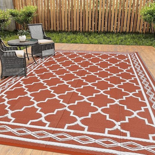 Reversible Mat 8x10 Plastic Straw Rug Outdoor Vintage Trellis Area Rug Waterproof Patio Rug Outdoor Camping Rug for RV Porch Deck Camper Balcony Backyard Easy Cleaning Picnic Mat Orange - Image 2