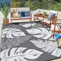 COZYLOOM Outdoor Rug 10 x 14 Large Plastic Straw Rug, Waterproof Patio Rug, UV-Resistant Reversible Mat with 4 Stakes, Tropical Leaf Outside Carpet for Backyard, RV, Deck, Picnic, Gray White by COZYLOOM