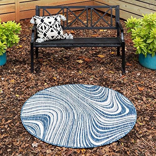 Unique Loom Outdoor Modern Collection Area Rug - Pool (4' 1" Round, Blue/ Ivory) by UniqueLoom