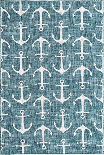 Unique Loom Outdoor Coastal Collection Area Rug - Ahoy (5' 3" x 7' 10" Rectangle, Teal/ Ivory) - Image 2
