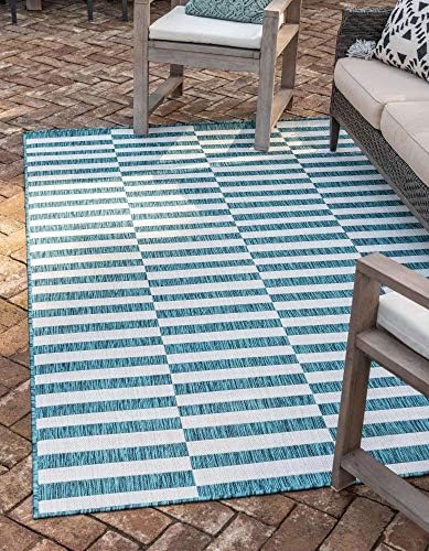 Unique Loom Outdoor Striped Collection Area Rug - Striped (5' 1" x 8' Rectangle, Teal/Ivory) by UniqueLoom
