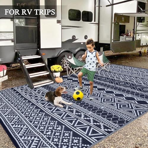 GlowSol Outdoor Rug 9x18 for Patio,Waterproof Outdoor Plastic Straw Rugs with Carry Bag,Reversible Camping Carpet RV Mat Outside for Patio, Camp, Picnic, Balcony, Deck, Backyard, Navy & White - Image 6