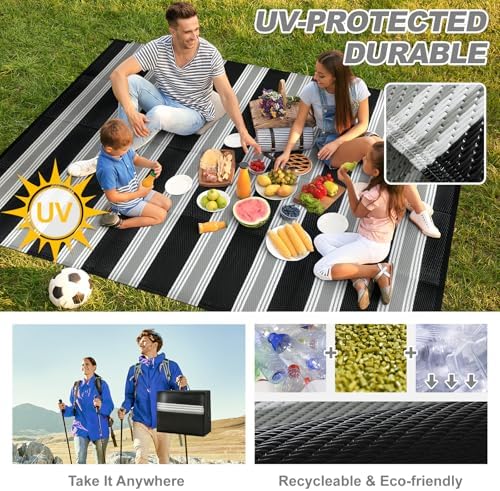 Lahome Striped Outdoor Rug 8x10, Black and White Outdoor Plastic Straw Rug - Image 2