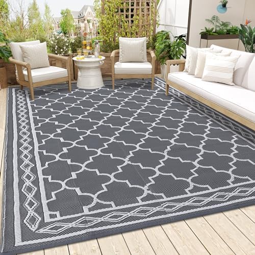 Outdoor Patio Rug 10x20 Outdoor Rug Trellis Plastic Straw Rug for Patio Reversible Mats Waterproof Camping Rug for RV Beach Deck Picnic Backyard Porch Easy Cleaning Floor Mat Grey White by Unknown