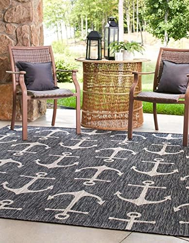 Unique Loom Outdoor Coastal Collection Area Rug - Ahoy (13' Square, Charcoal/ Ivory) - Image 4