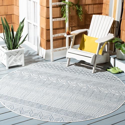 SAFAVIEH Washable Rug Outdoor Courtyard Collection - 5'3" Round, Ivory & Navy, Non-Shedding & Easy Cleaning, Ideal for Patio, Backyard, Mudroom (CY8196-53412) by Unknown