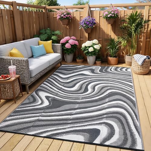 Outdoor Rug 8x10 Waterproof Patio Rugs Modern Abstarct Reversible Mat for Front Door Rv Foldable Plastic Straw Carpet for Travel Trailers, Deck, Porch, Camper, Balcony, Beach，Black/Grey by Unknown