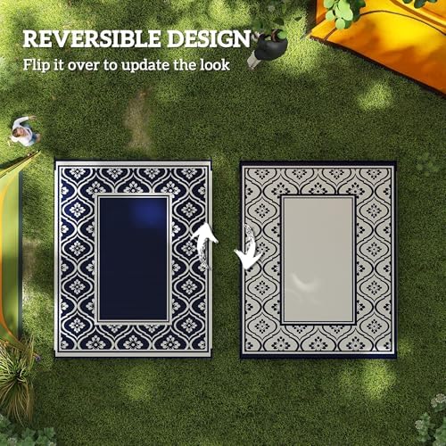 Outsunny Outdoor Rug for Patio Waterproof 9' x 10' Blue & White Gourd - Image 7