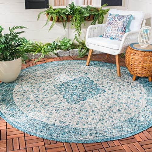 SAFAVIEH Washable Rug Outdoor Courtyard Collection - 5'3" Round, Teal & Cream, Non-Shedding & Easy Cleaning, Ideal for Patio, Backyard, Mudroom (CY8720-372) by Unknown
