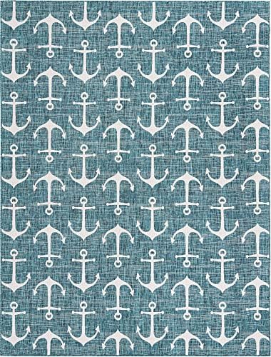 Unique Loom Outdoor Coastal Collection Area Rug - Ahoy (10'x 13' 1" Rectangle, Teal/ Ivory) - Image 3