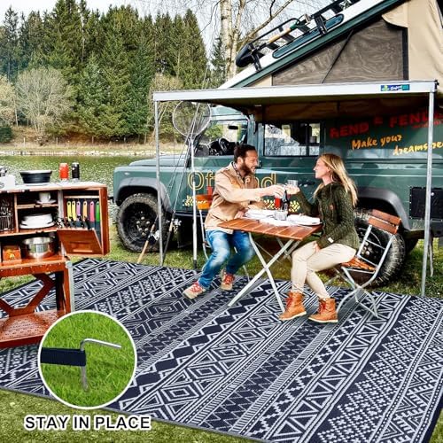 GAOMON Outdoor Rug Waterproof 8'x10', Reversible Outdoor Plastic Straw Rug, Boho Patio Rug, Indoor Outdoor Carpet, RV Mat Outside for Patio, Camp, Picnic, Balcony, Deck, Dark Blue/White(Bohemia) - Image 3