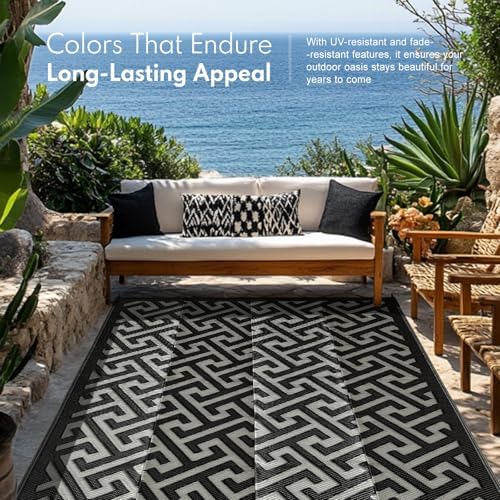 Waterproof Outdoor Rug 9x12 ft, Reversible Plastic Straw Rug, Easy to Clean Patio Rug, Portable Carpet for Patio, RV, Deck, Balcony, Backyard, Picnic, Beach, I-Shaped, Black - Image 4