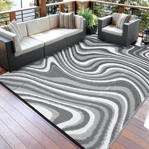 Garvee Outdoor Rug 9x18 Modern Waterproof Outdoor Plastic Straw Rug, Grey - Image 2