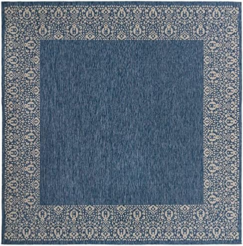 Unique Loom Outdoor Border Collection Area Rug - Floral Border (13' Square, Blue/ Ivory) - Image 3