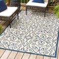 Eyely Filigree Textured Weave Area Rug 4X6 Navy/Beige, Indoor Outdoor Rug by eyely