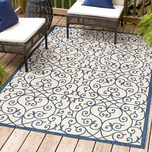 Eyely Filigree Textured Weave Area Rug 3X5 Navy/Beige, Indoor Outdoor Rug by eyely