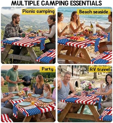 Picnic Table Cover with Bench Covers Waterproof Rectangle Tablecloth Camping Essentials Supplies Rv Travel Must Haves Gear Accessories Fitted Table Cloth Outdoor Road Trip Camper Gifts American Flag - Image 6