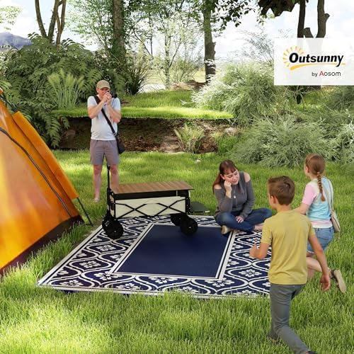 Outsunny Outdoor Rug for Patio Waterproof 9' x 10' Blue & White Gourd - Image 3