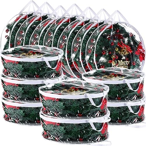 Shappy 14 Pieces Clear Christmas Wreath Storage Container 24 Inches Xmas Wreath Storage Bag Plastic Christmas Garland Container with Dual Zippers and Reinforced Handles for Xmas Seasonal (Clear) by Shappy