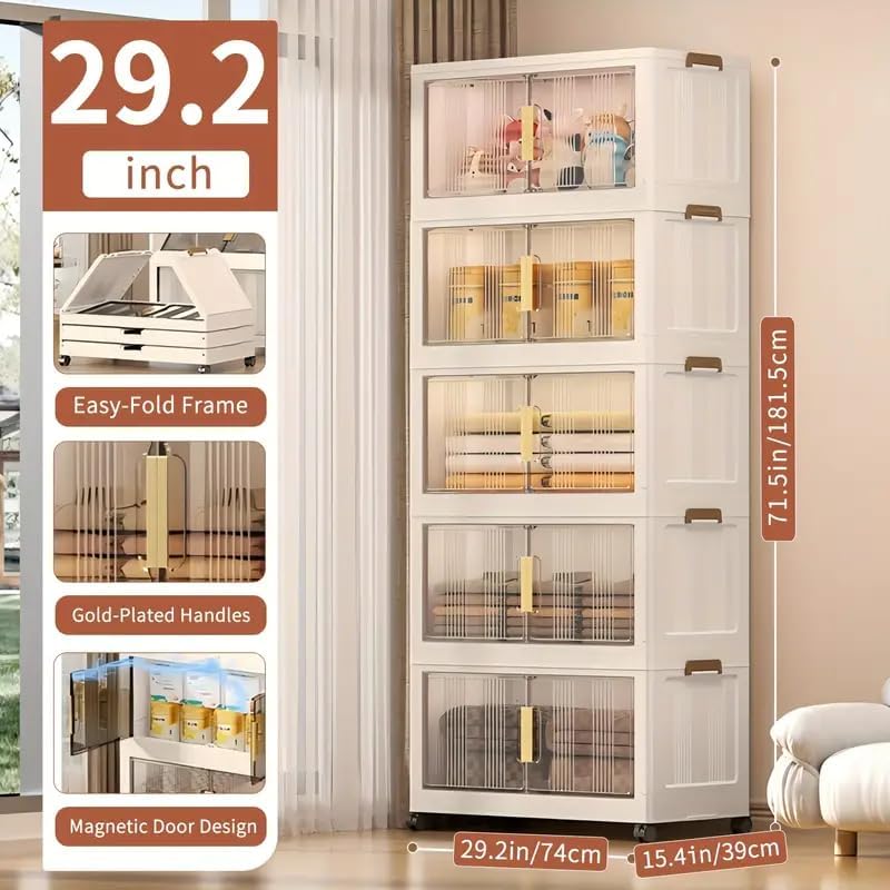 Storage Bins with Lids, 5 Tier 425 QT Stackable Plastic Storage Bins, Foldable Storages Boxes with Magnetic Doors and Wheels for Clothes, Snacks, Books, Folding Containers for Home Office - Image 2