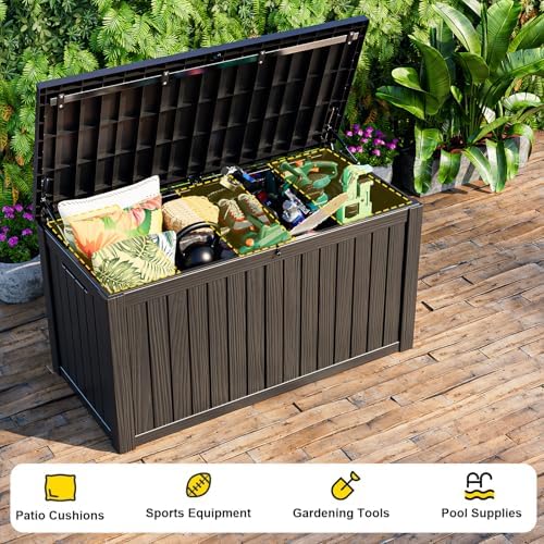 Outdoor Waterproof Resin Storage Deck Box Lockable Outside Bench UV Resistant Bin Patio Porch Furniture Pool Float Garden Tool Cushion (Black, 180 Gallon) - Image 4