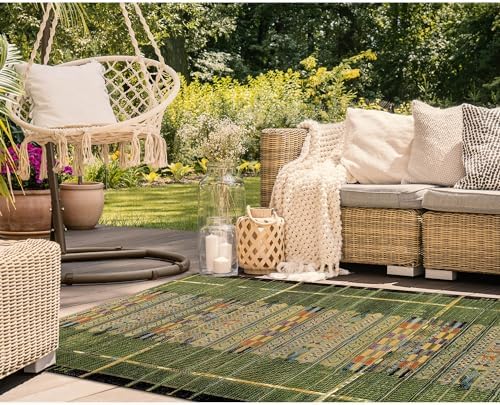 Liora Manne Marina Low Profile Durable Indoor/Outdoor Woven Rug- Tribal Stripe Green 7'10" x 9'10" by LushDecor