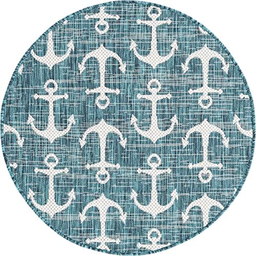Unique Loom Outdoor Coastal Collection Area Rug - Ahoy (3' 3" Round, Teal/Ivory) - Image 3