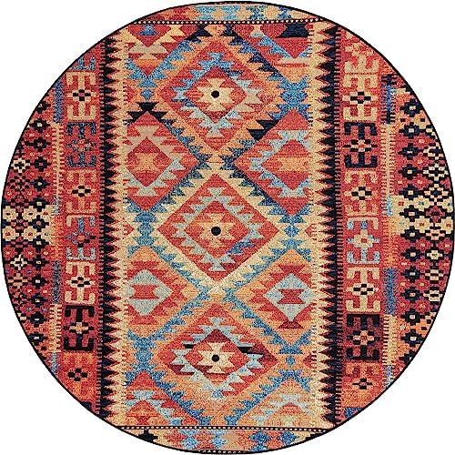 Unique Loom Outdoor Tribal Collection Area Rug - Tortuguero (7' 10" Round, Multi/ Blue) - Image 3