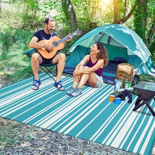 Outdoor Plastic Straw Rug 9x18 Waterproof Outside Rug, Large Modern Striped Reversible Floor Mats, Foldable & Lightweight Camping Carpet for Patio, Porch, Deck, Backyard, Balcony, Light Blue - Image 4