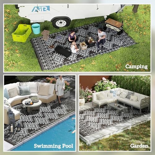 Outsunny Outdoor Rug for Patio Waterproof 9' x 18' Black & Gray Rhombus - Image 5