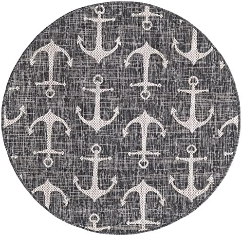 Unique Loom Outdoor Coastal Collection Area Rug - Ahoy (4' 1" Round, Charcoal/ Ivory) - Image 3