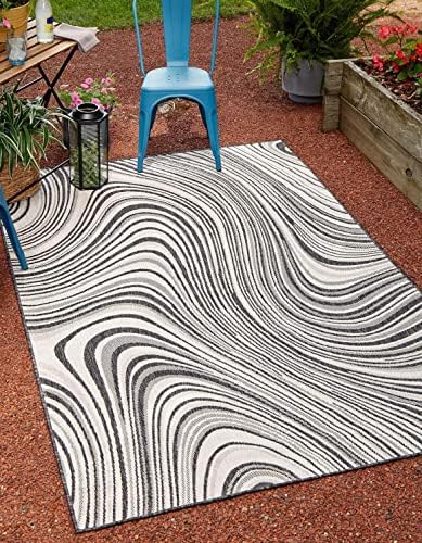 Unique Loom Outdoor Modern Collection Area Rug - Pool (5' 3" x 8' Rectangle, Charcoal Ivory/ Gray) by UniqueLoom