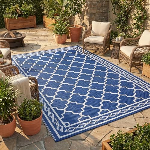 Outdoor Patio Rug 10x20 Outdoor Rug Trellis Plastic Straw Rugs for Patio Reversible Mat Waterproof Camping Rugs for RV Beach Deck Picnic Backyard Porch Easy Clean Floor Cover, Dark Blue by Unknown