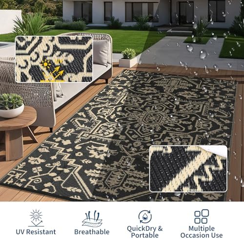 GAOMON 9x18 Outdoor Rug Waterproof for Patio Picnic Non Shedding Plastic Straw Reversible Large Outdoor Rug for Pool Trailer RV Portable Boho Vintage Floral Carpet Outside Decor, Black Brown - Image 7