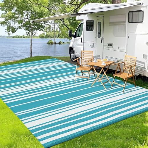 Outdoor Plastic Straw Rug 9x18 Waterproof Outside Rug, Large Modern Striped Reversible Floor Mats, Foldable & Lightweight Camping Carpet for Patio, Porch, Deck, Backyard, Balcony, Light Blue by GAOMON