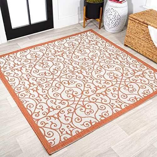 Eyely Filigree Weave Square Rug 5X5 Cream/Orange, Indoor Outdoor Rug by eyely