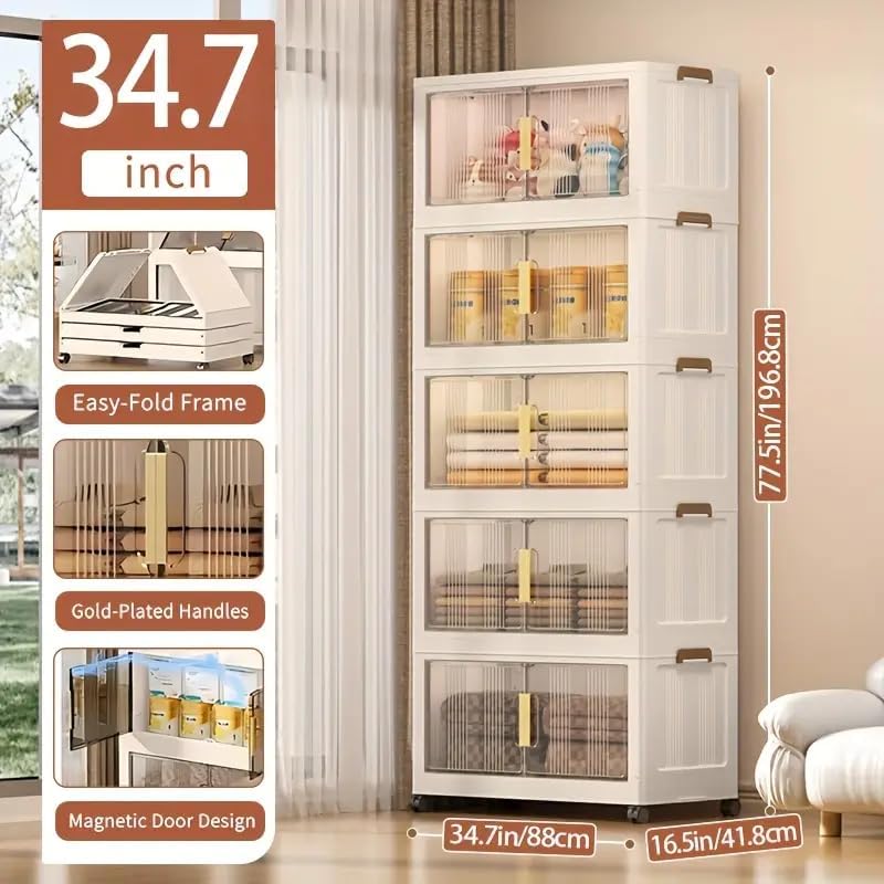 Storage Bins with Lids, 5 Tier 600 QT Stackable Plastic Storage Bins, Foldable Storages Boxes with Magnetic Doors and Wheels for Clothes, Snacks, Books, Folding Containers for Home Office - Image 2
