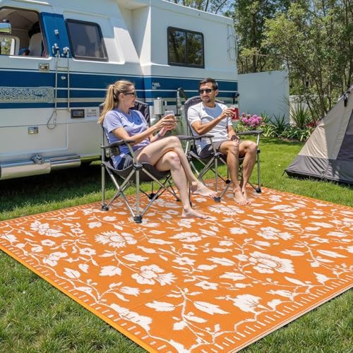 Garvee Outdoor Rug Waterproof 6x9 Floral Outdoor Plastic Straw Rug, Orange - Image 2